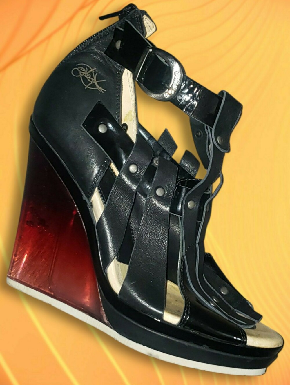 Eject Portugal Strappy Leather Wedge Sandal Bubble Heel Avant Guard Designer 6.5